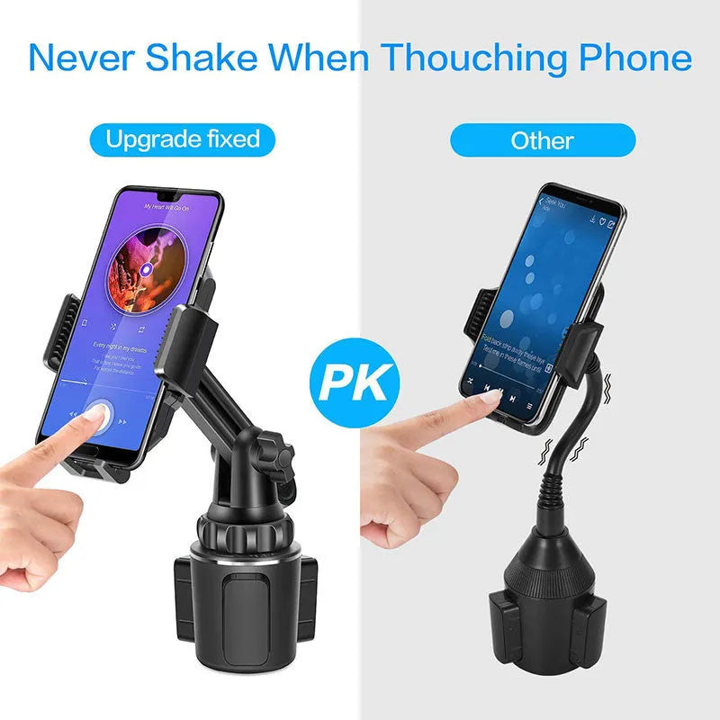 Black ABS car mobile phone holder with adjustable height and 360-degree rotating bracket on a car dashboard.