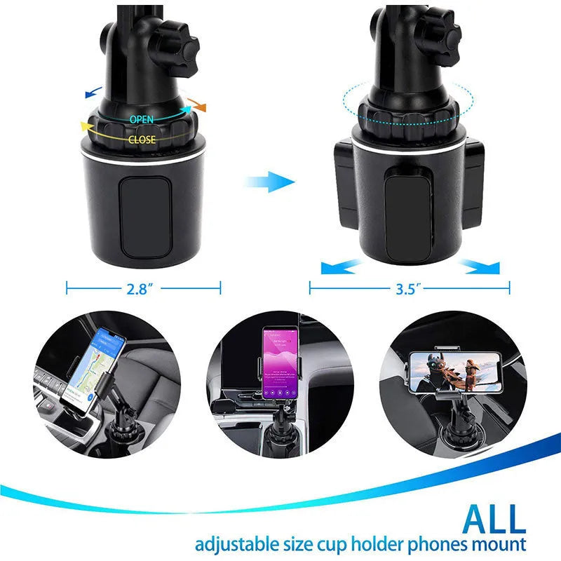 Black ABS car mobile phone holder with adjustable height and 360-degree rotating bracket on a car dashboard.