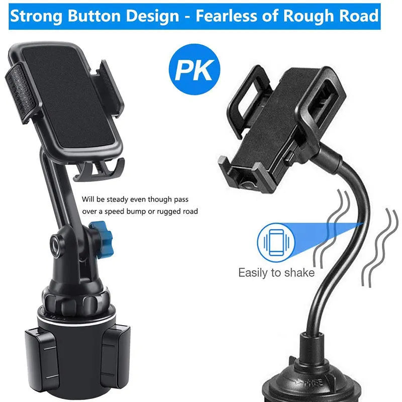 Black ABS car mobile phone holder with adjustable height and 360-degree rotating bracket on a car dashboard.