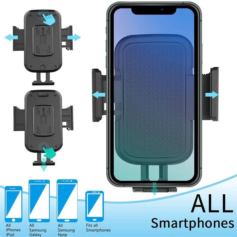 Black ABS car mobile phone holder with adjustable height and 360-degree rotating bracket on a car dashboard.