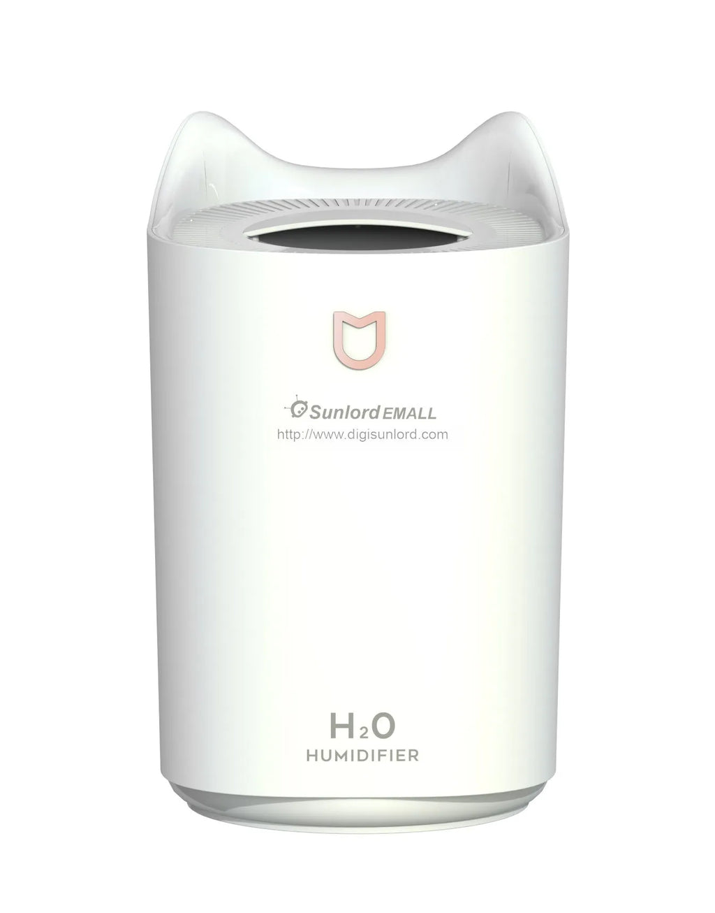 Coral Pink and Glacier White double spray humidifier with three mist outlets and USB cable.