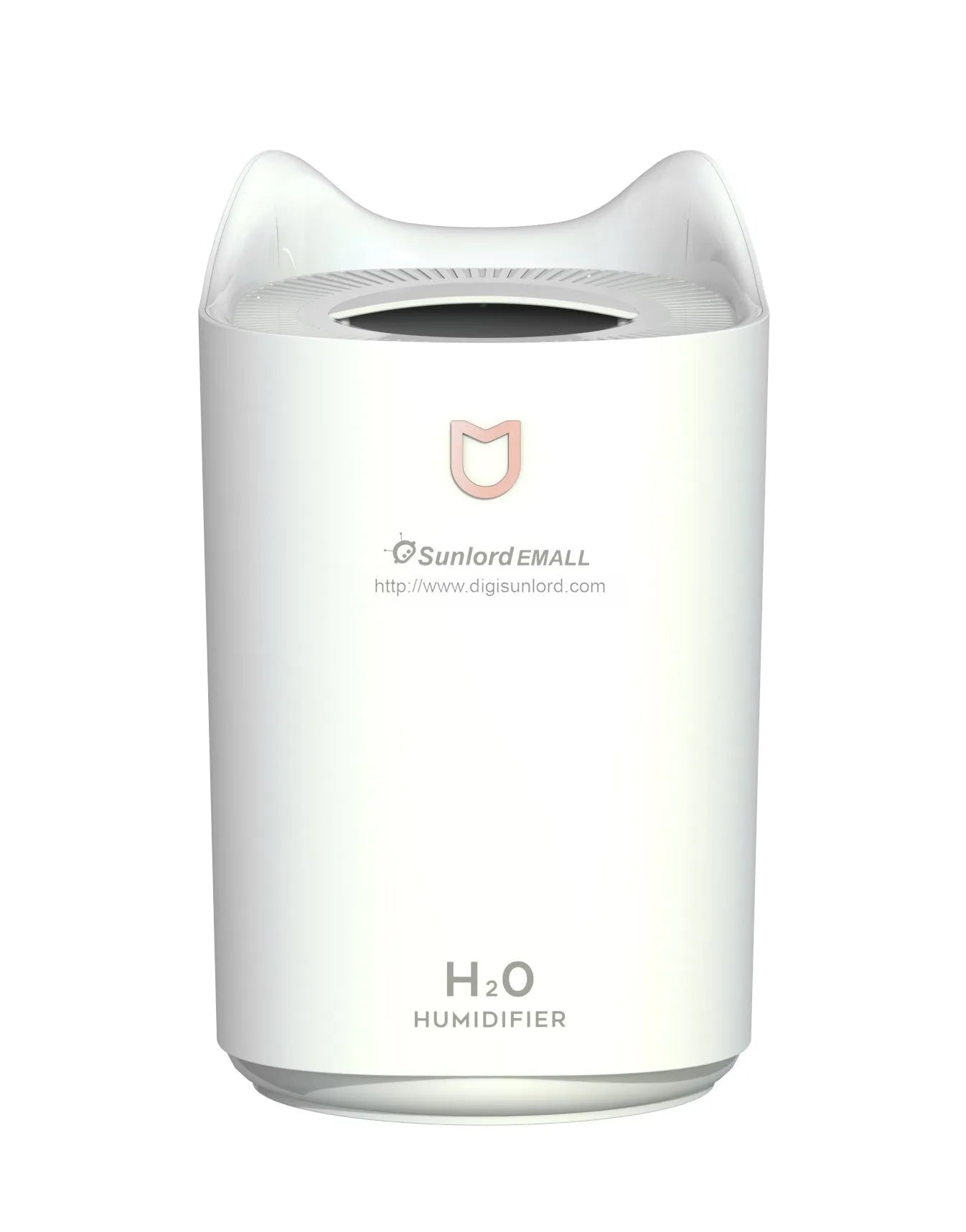 Coral Pink and Glacier White double spray humidifier with three mist outlets and USB cable.