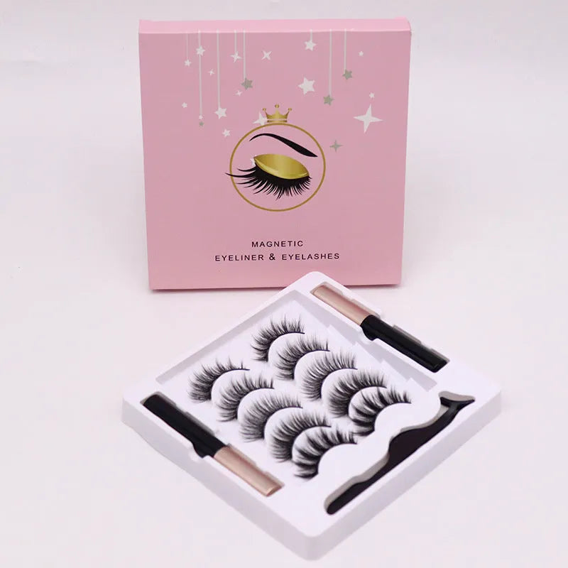 Magnetic false eyelashes and eyeliner set with five magnetic points on black mink-style lashes.
