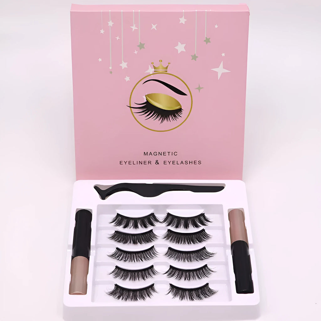 Magnetic false eyelashes and eyeliner set with five magnetic points on black mink-style lashes.