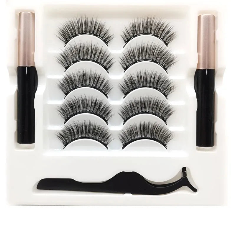 Magnetic false eyelashes and eyeliner set with five magnetic points on black mink-style lashes.