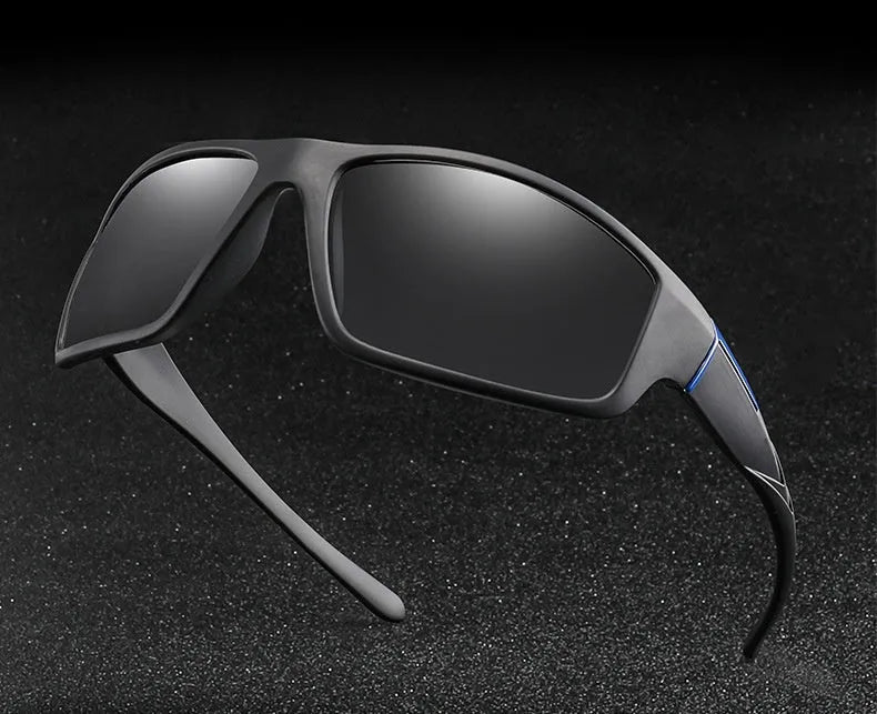 Matte black sport sunglasses with polarised TAC lens and plastic frame, shown in blue, green, red, or white