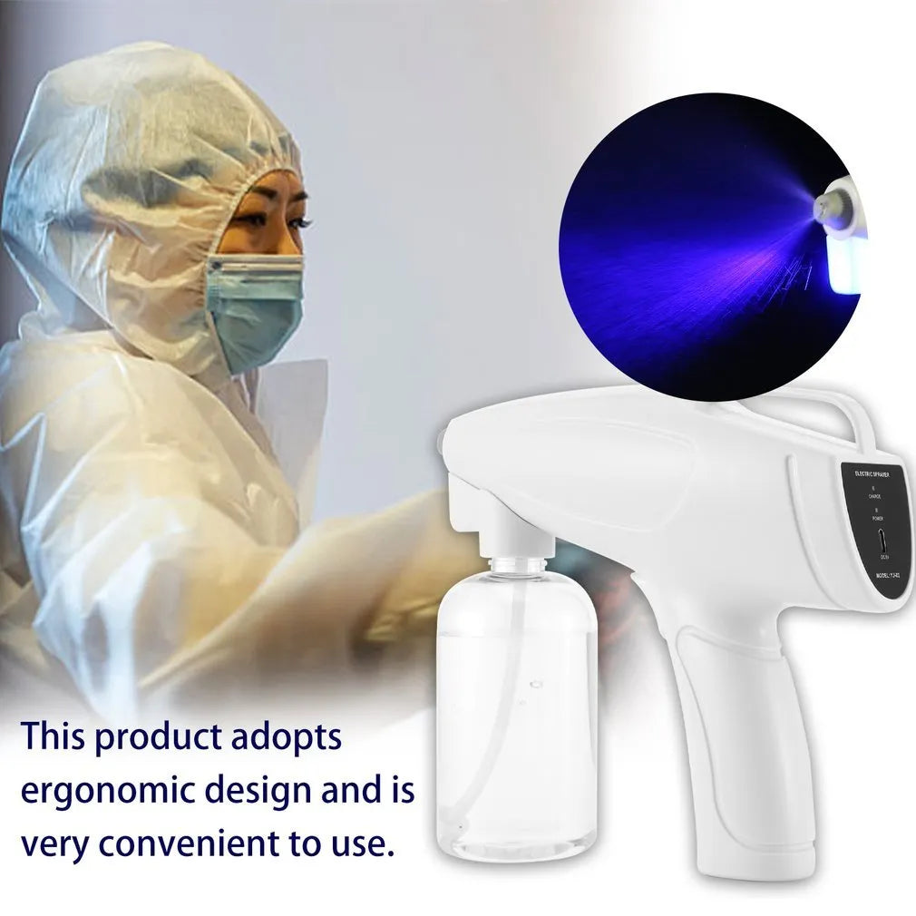 White handheld cordless electric spray disinfection gun with USB-C charging port