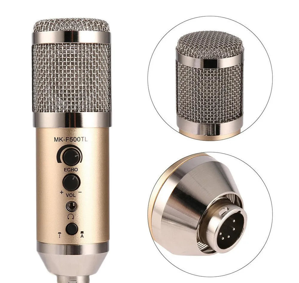 Gold wireless condenser microphone with included bracket for mobile phone and computer use.