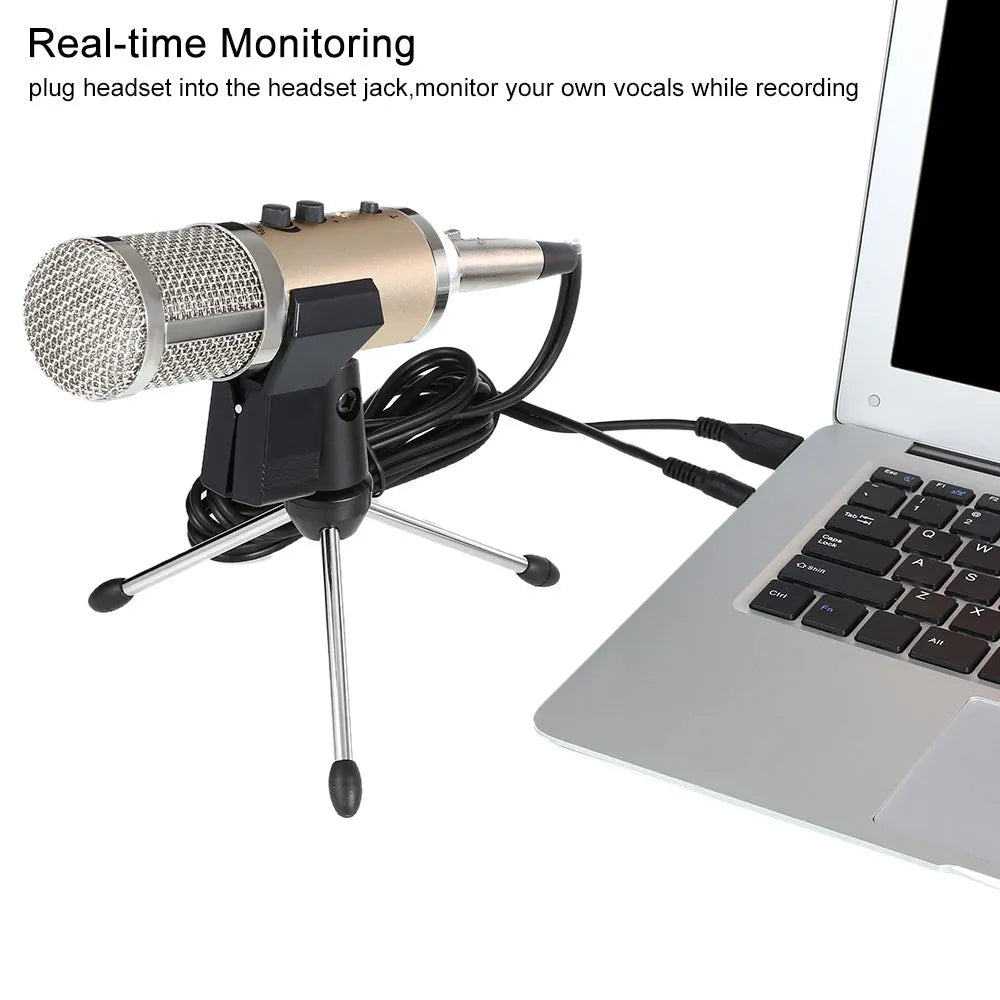 Gold wireless condenser microphone with included bracket for mobile phone and computer use.