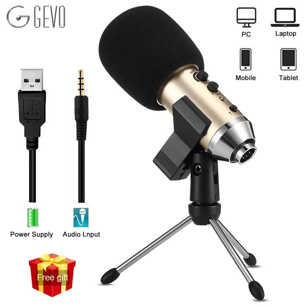 Gold wireless condenser microphone with included bracket for mobile phone and computer use.