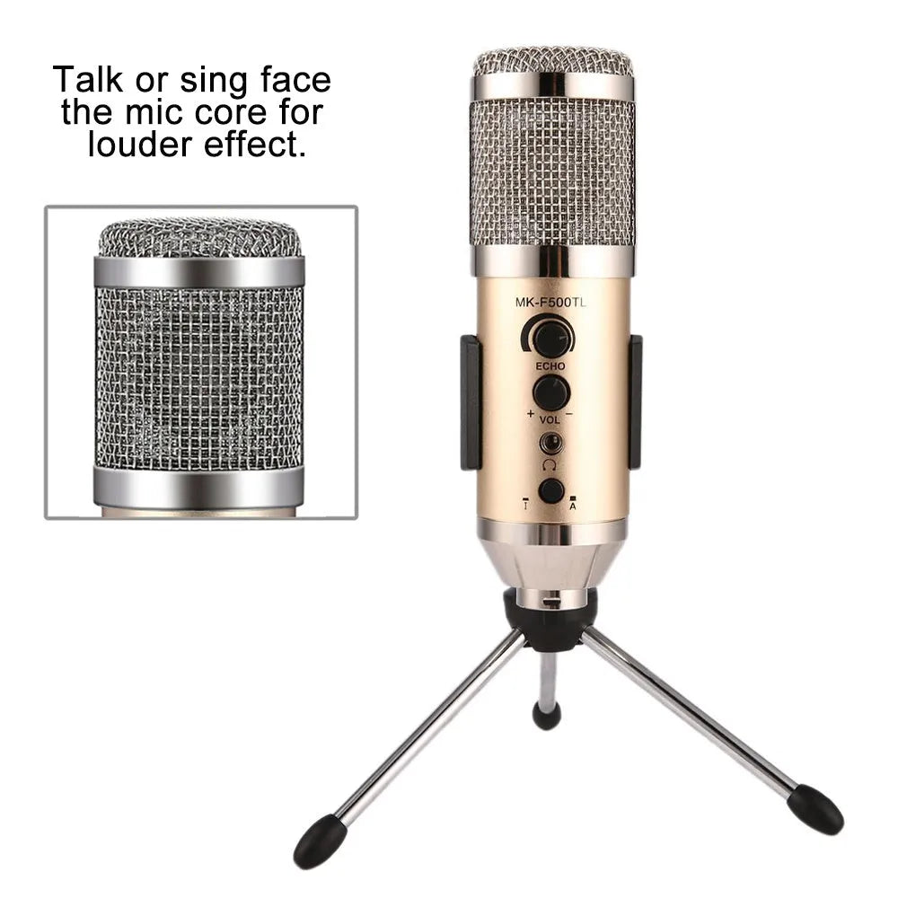 Gold wireless condenser microphone with included bracket for mobile phone and computer use.