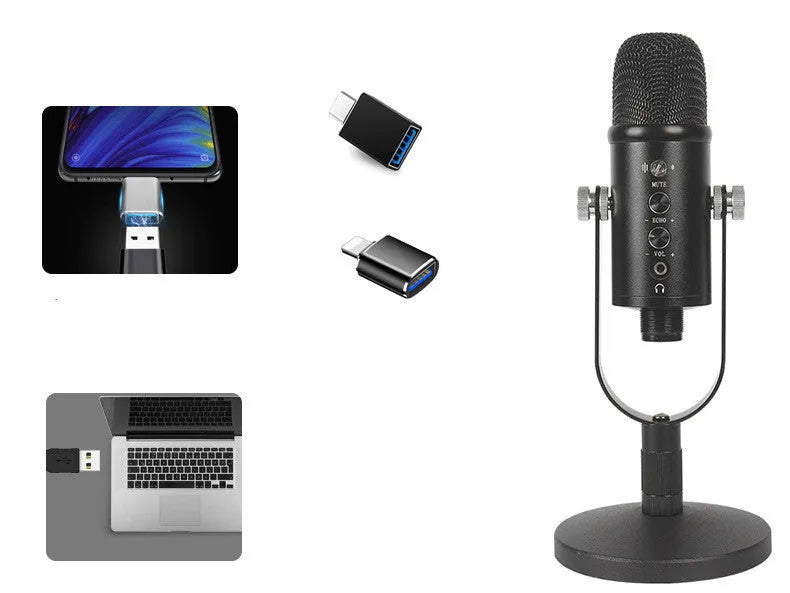 Black JIY BM-86PRO USB condenser microphone with metal stand and foam cover