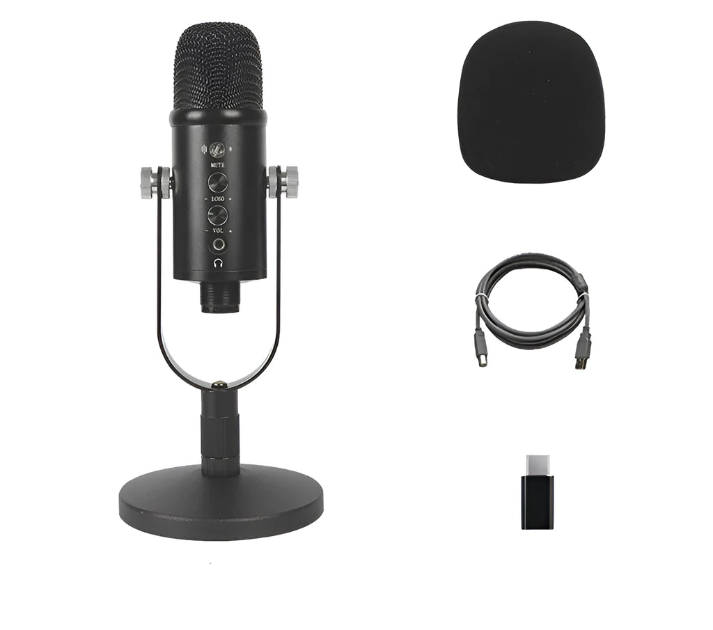 Black JIY BM-86PRO USB condenser microphone with metal stand and foam cover