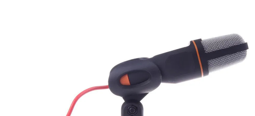 Black mini wired PC microphone with clip holder on a 1.85m cable.