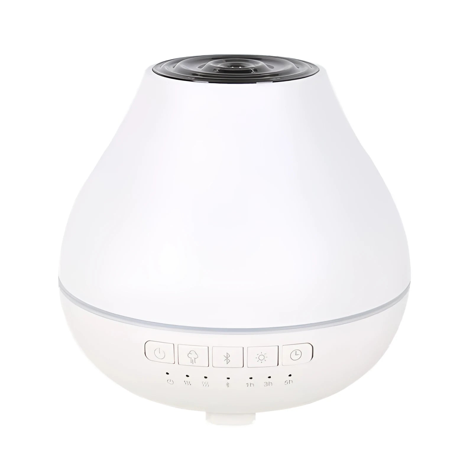 White round Bluetooth humidifier and aroma diffuser with night light on wooden surface