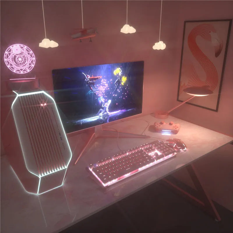 Pink wired mechanical keyboard and matching mouse with green switches on a desk.