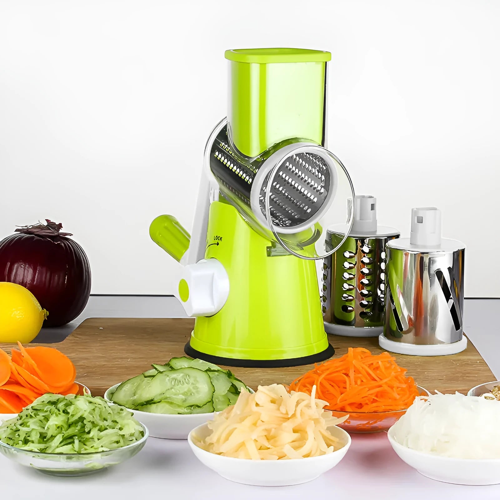 Manual vegetable chopper with suction base in blue slicing potatoes and carrots