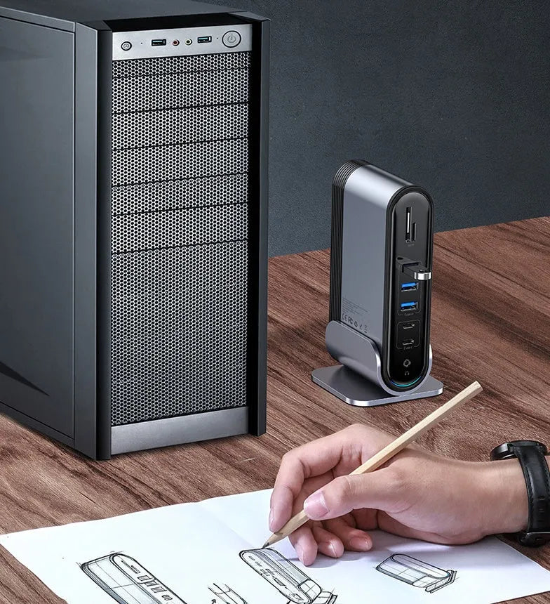 Deep space grey 16-in-1 docking station with multiple USB ports and external power supply