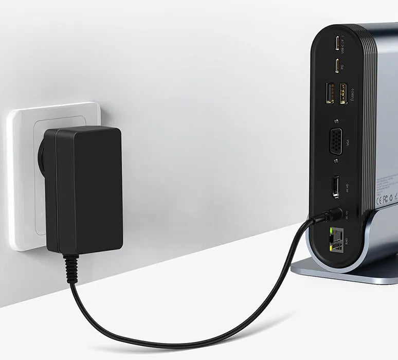 Deep space grey 16-in-1 docking station with multiple USB ports and external power supply