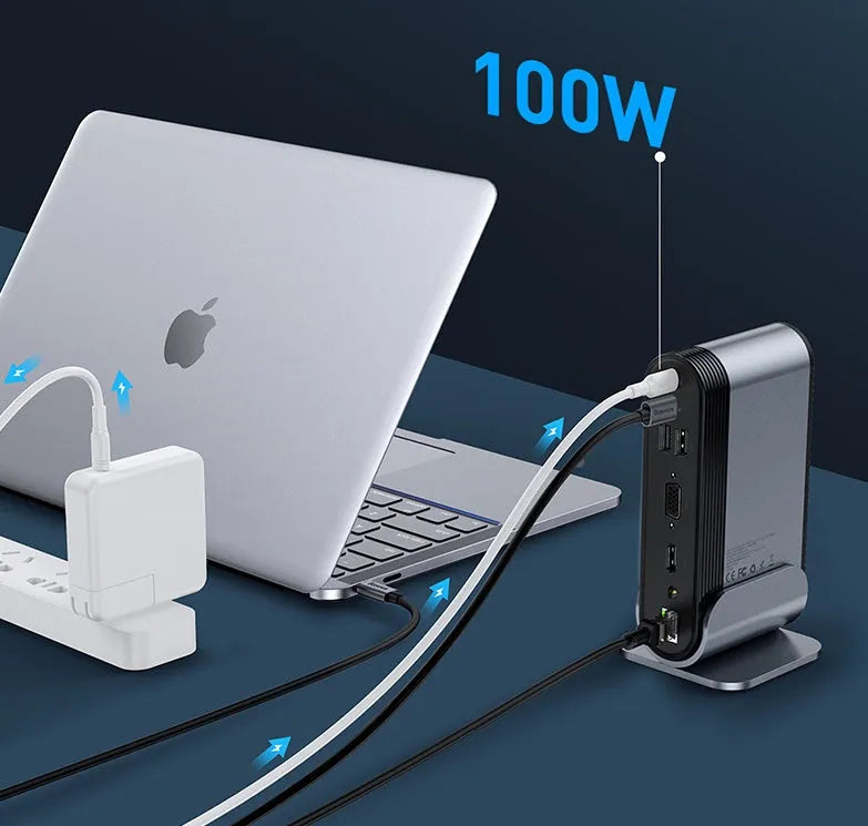 Deep space grey 16-in-1 docking station with multiple USB ports and external power supply