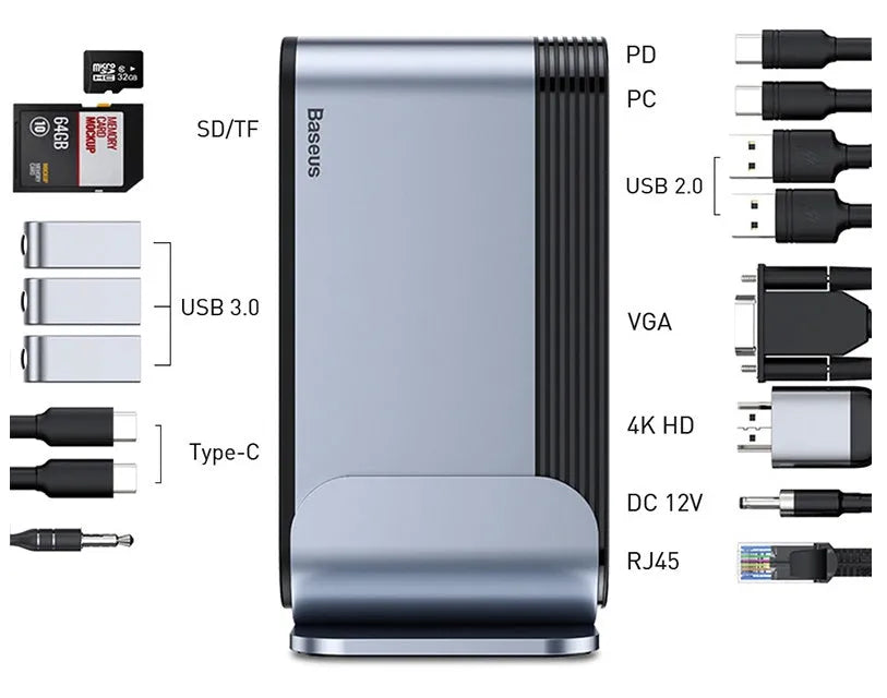 Deep space grey 16-in-1 docking station with multiple USB ports and external power supply