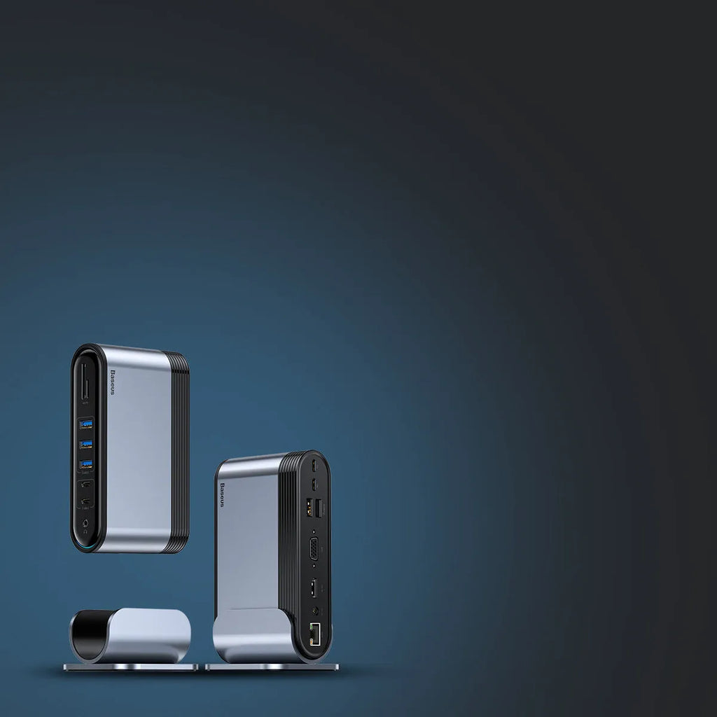 Deep space grey 16-in-1 docking station with multiple USB ports and external power supply