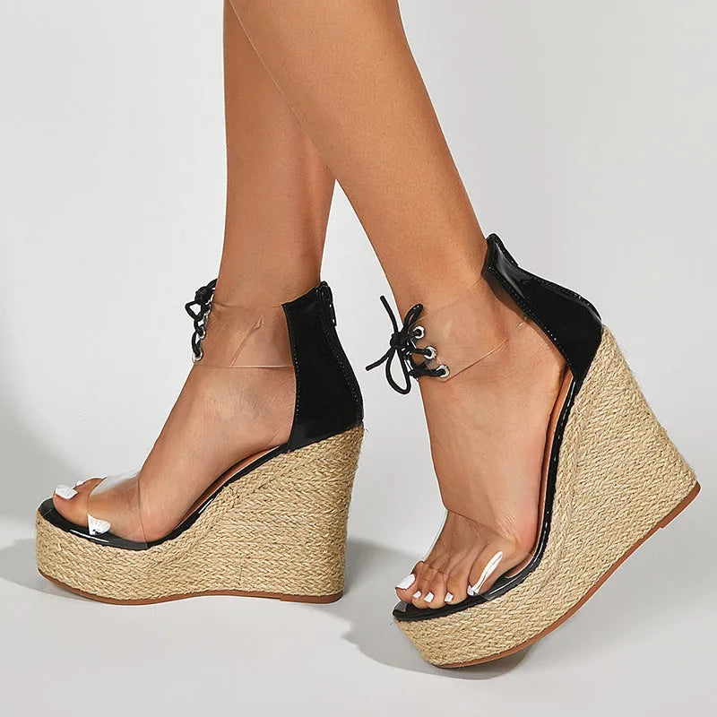Black women's wedge sandals with hemp rope front tie and high platform heel