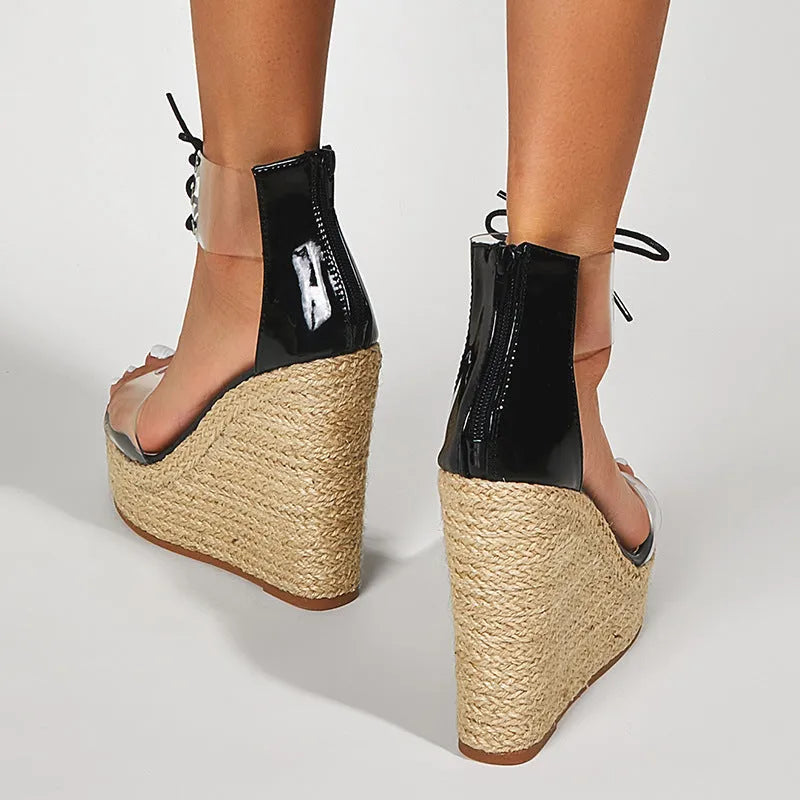 Black women's wedge sandals with hemp rope front tie and high platform heel