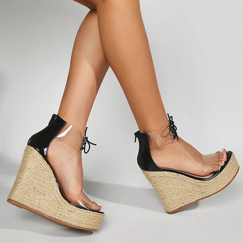 Black women's wedge sandals with hemp rope front tie and high platform heel