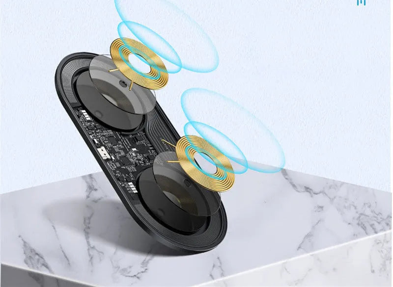 Baseus black wireless charger charging iPhone and AirPods simultaneously on wooden desk