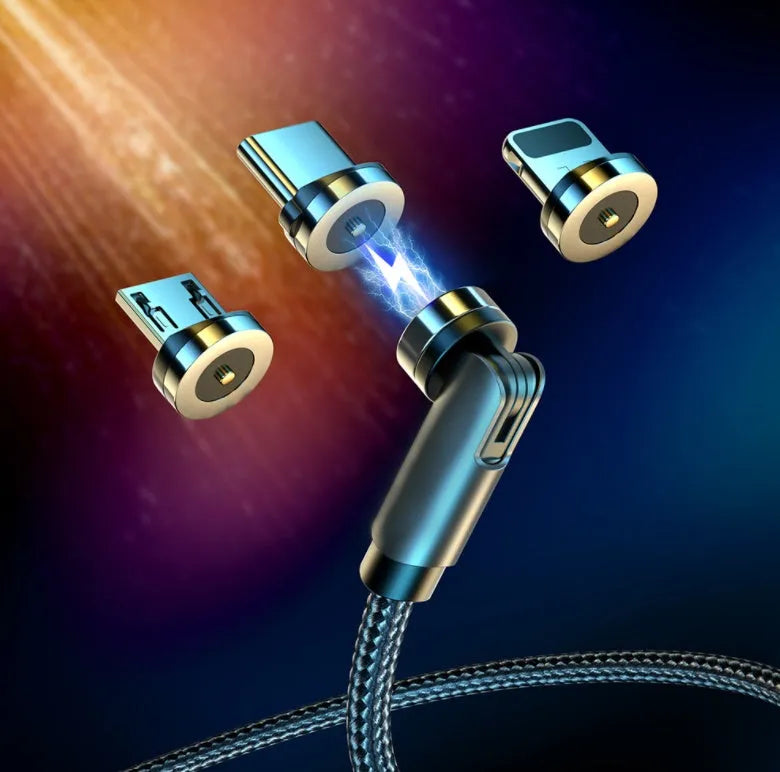 Essager black braided magnetic charging cable with blue LED light, showing 360-degree rotating connector.