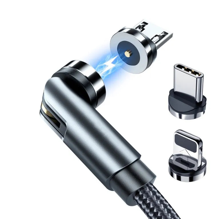 Essager black braided magnetic charging cable with blue LED light, showing 360-degree rotating connector.