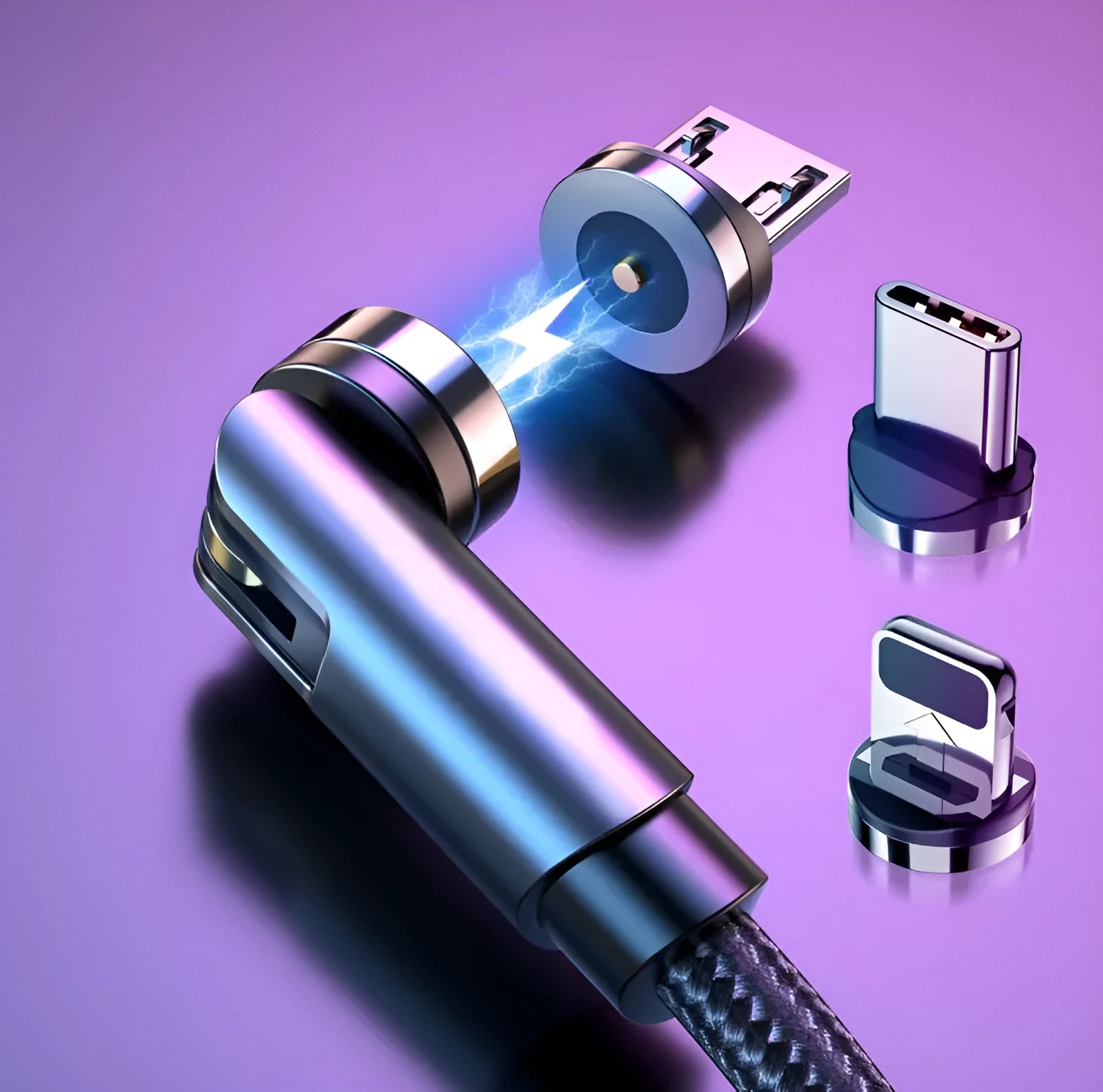 Essager black braided magnetic charging cable with blue LED light, showing 360-degree rotating connector.