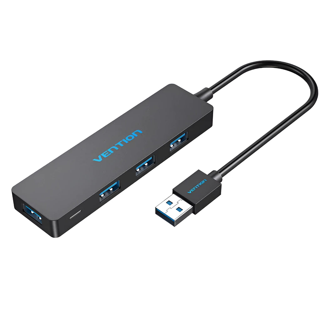 Black USB 3.0 hub with four ports and a short 0.15 metre cable