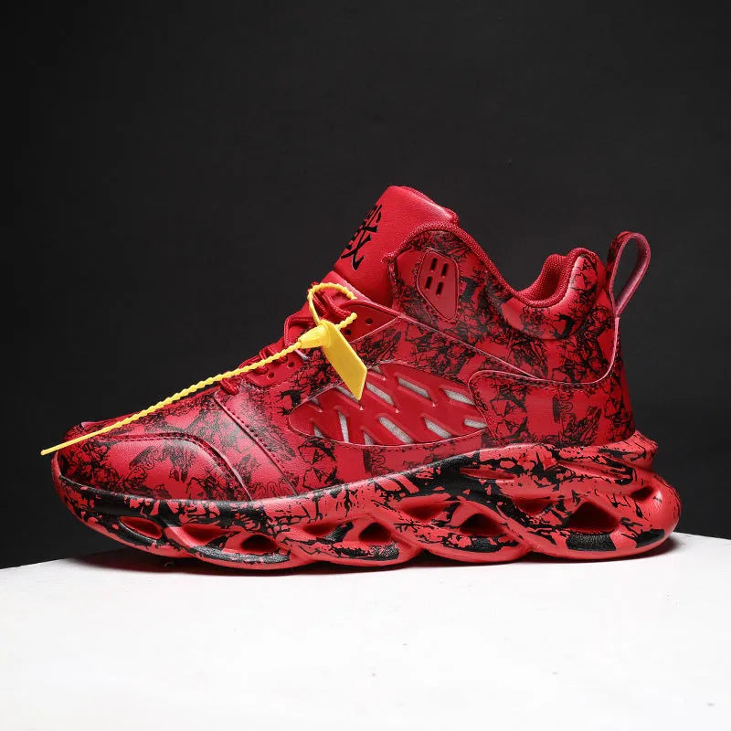 Men's black camouflage high-top basketball shoe with a microfiber upper and rubber sole.