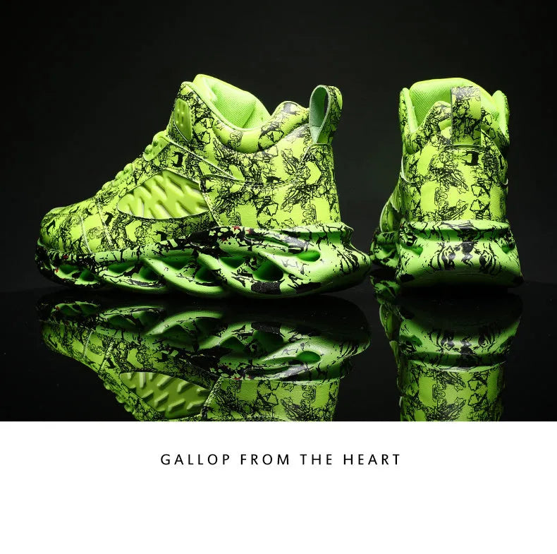 Men's black camouflage high-top basketball shoe with a microfiber upper and rubber sole.