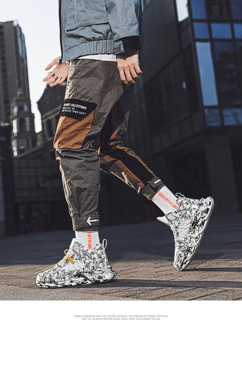 Men's black camouflage high-top basketball shoe with a microfiber upper and rubber sole.
