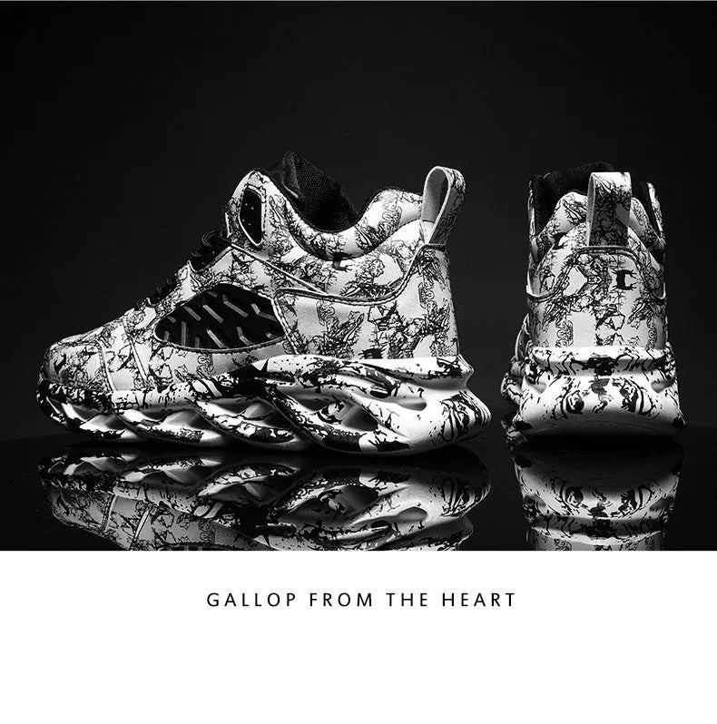 Men's black camouflage high-top basketball shoe with a microfiber upper and rubber sole.
