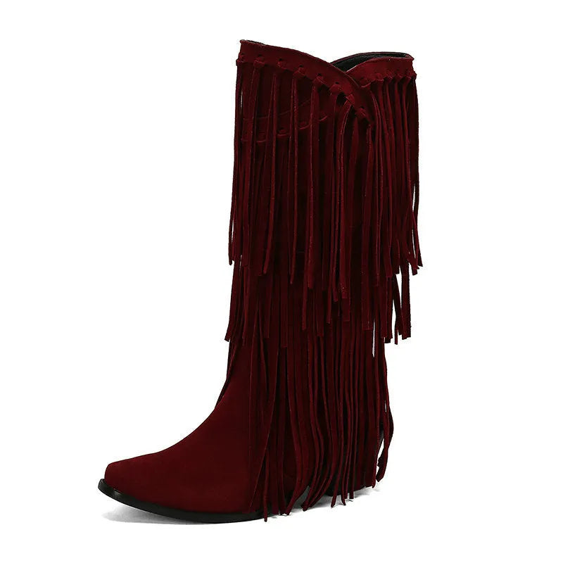 Women's suede high boots with tassels and a chunky heel in beige, shown from the side.