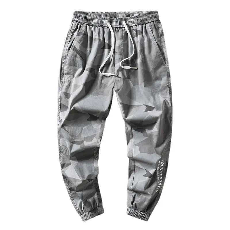 Men's camouflage overalls, straight-leg nine-point casual pants in cotton blend, army green, black or grey, sizes M to 4XL.