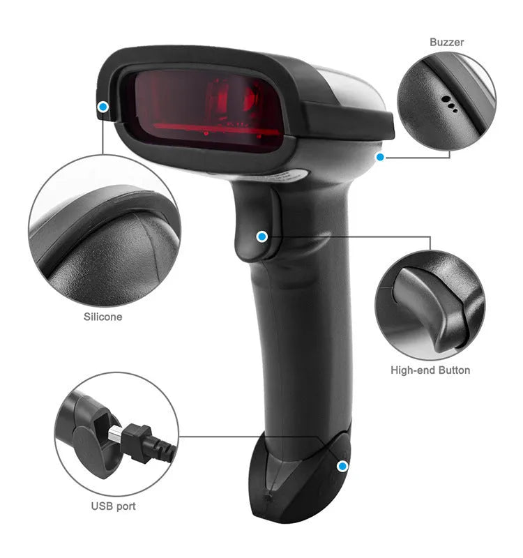 Black wireless handheld barcode scanner with USB interface for inventory management