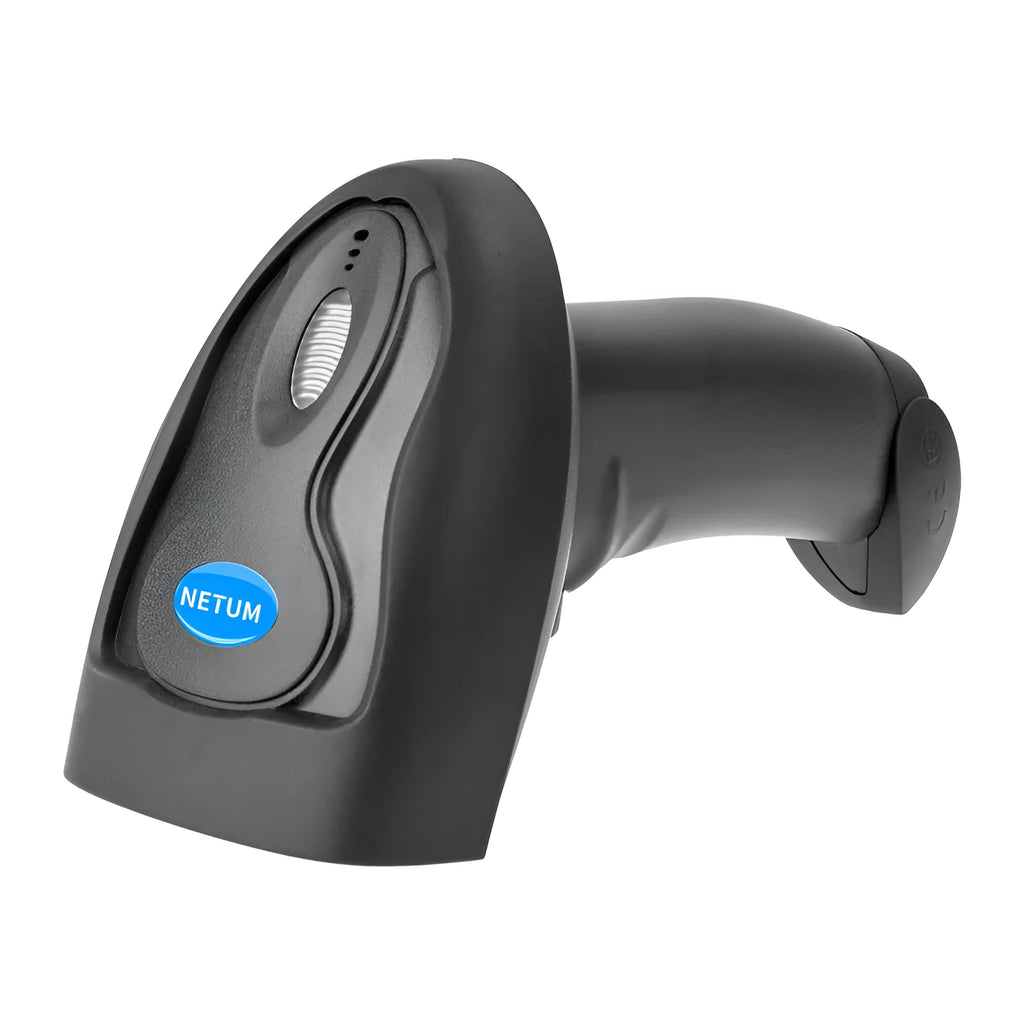 Black wireless handheld barcode scanner with USB interface for inventory management