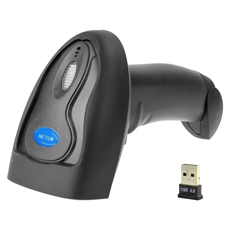 Black wireless handheld barcode scanner with USB interface for inventory management
