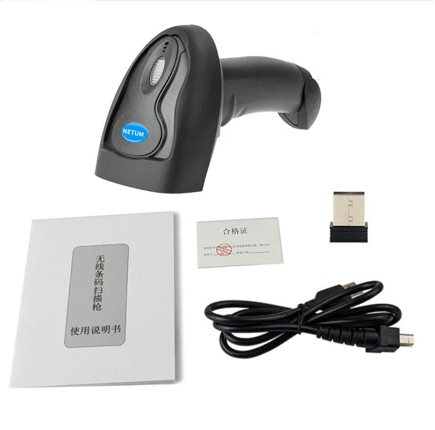 Black wireless handheld barcode scanner with USB interface for inventory management
