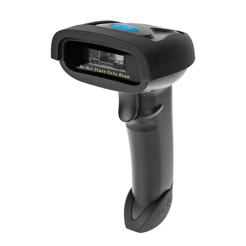 Black wireless handheld barcode scanner with USB interface for inventory management