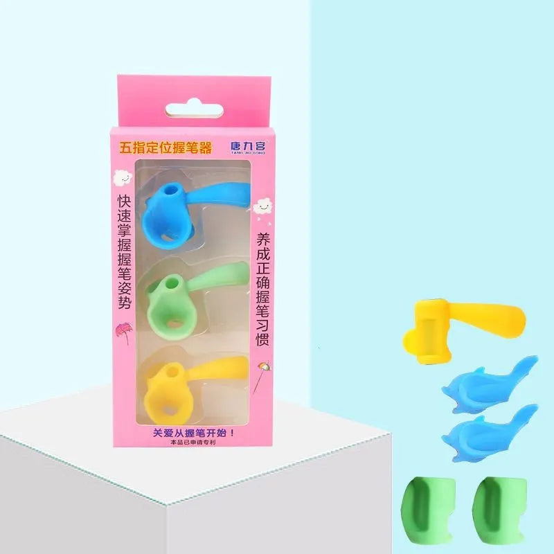 Children's pen holder orthosis writing aid showing finger placement guidance for proper writing posture