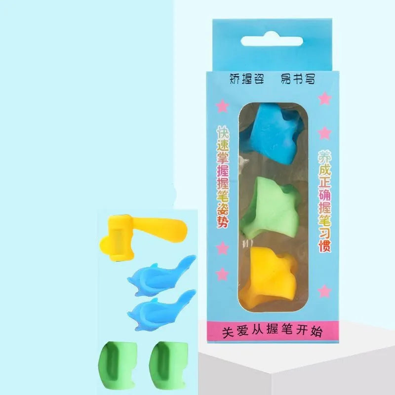 Children's pen holder orthosis writing aid showing finger placement guidance for proper writing posture