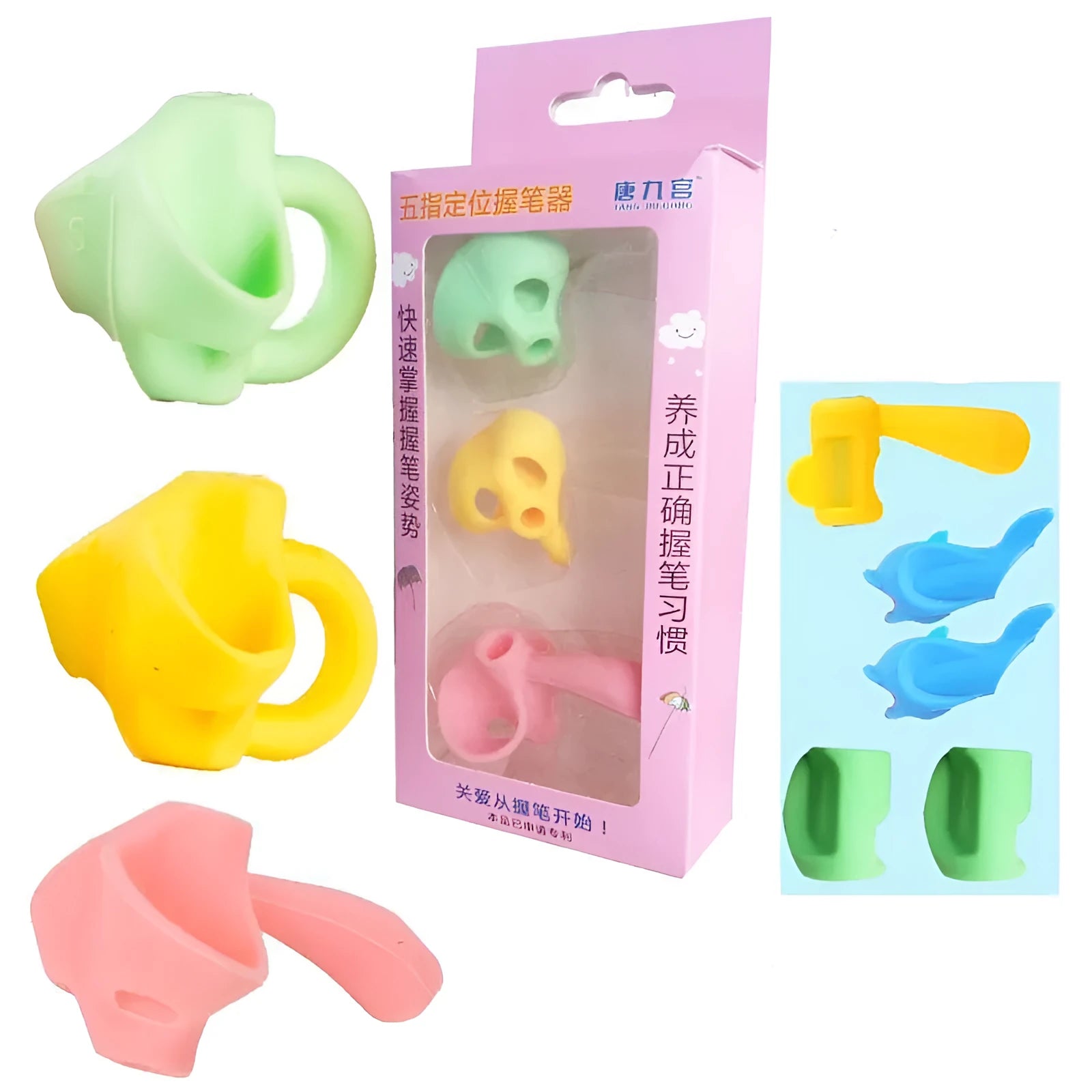 Children's pen holder orthosis writing aid showing finger placement guidance for proper writing posture