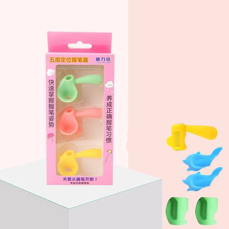 Children's pen holder orthosis writing aid showing finger placement guidance for proper writing posture