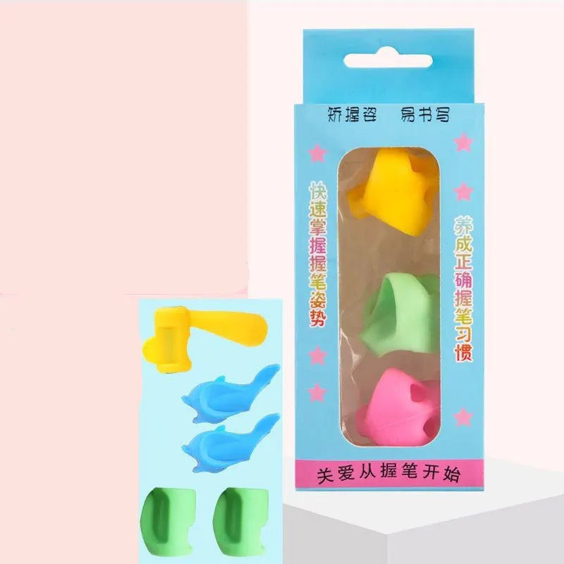 Children's pen holder orthosis writing aid showing finger placement guidance for proper writing posture